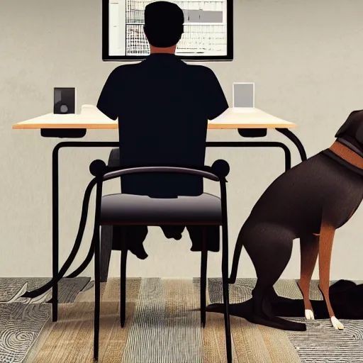 Prompt: the dog headed man is tapping the computer on the chair to work