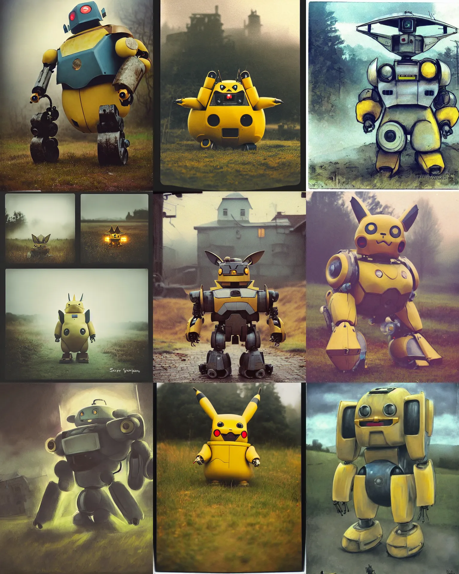 Prompt: oversized bulky chubby robot cyborg pikachu! battle mech with long ears attacking a rural village , Cinematic focus, Polaroid photo, vintage, neutral colors, soft lights, foggy, mist, by Steve Hanks, by Serov Valentin, by lisa yuskavage, by Andrei Tarkovsky