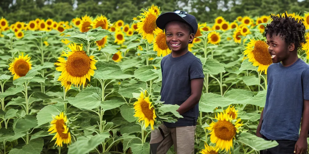 Prompt: a black boy with white t - shirt and green jeans and a green cap standing in a sunflower field with bees flying around him while sun is setting in the background, professional photography