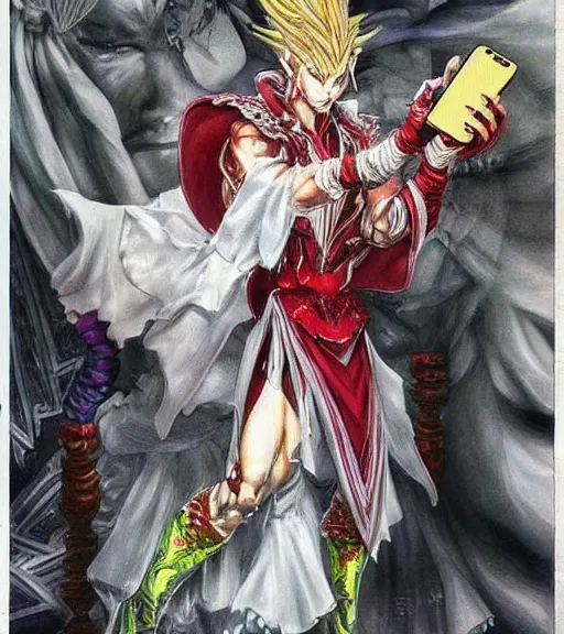 Image similar to kefka palazzo using a smartphone!!!!!!! by yoshitaka amano, concept art