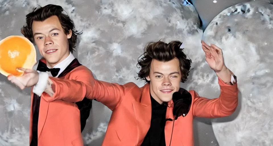 Image similar to harry styles on the moon juggling oranges with a pink skirt