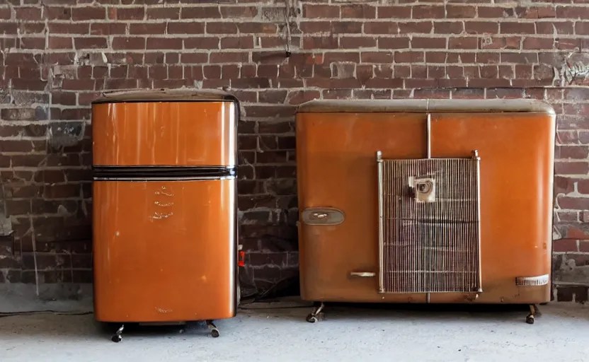 Prompt: a steampunk mid century retro refrigerator running in the boston marathon