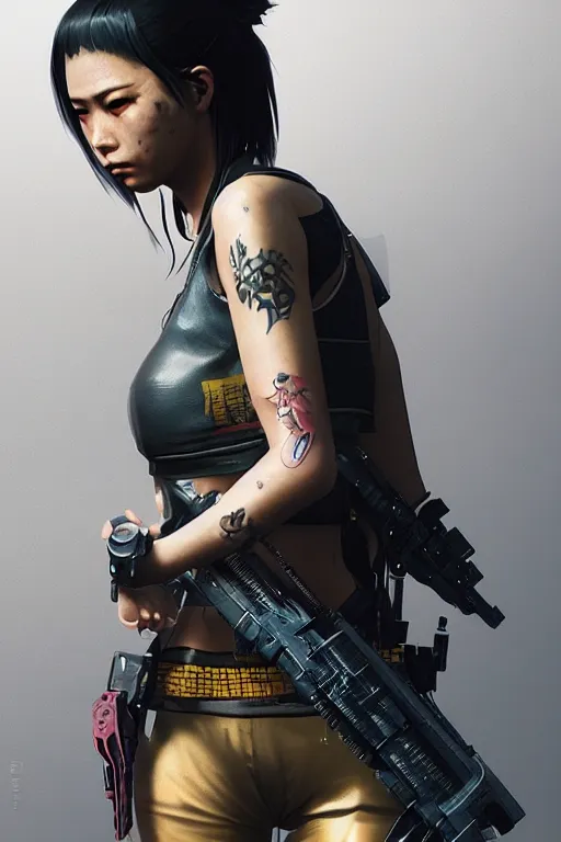 Prompt: A detailed female Japanese night city gang member from the videogame Cyberpunk 2077, digital concept art by Greg Rutkowski, Golden Ratio illustration, realistic concept art by Stephen Hickman and James Gurney rendered in Octane Render