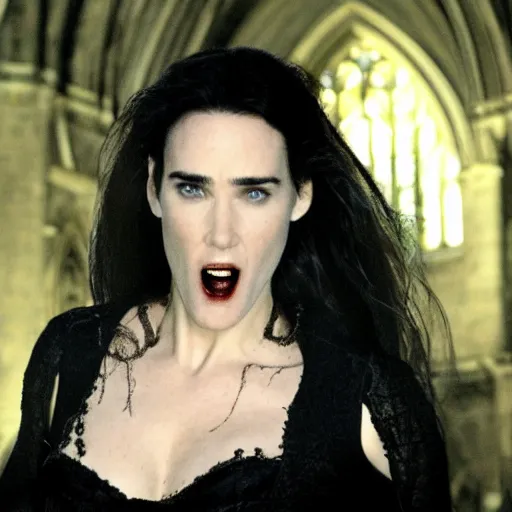 Image similar to jennifer connelly as a vampire showing her fangs in a gloomy gothic cathedral at night