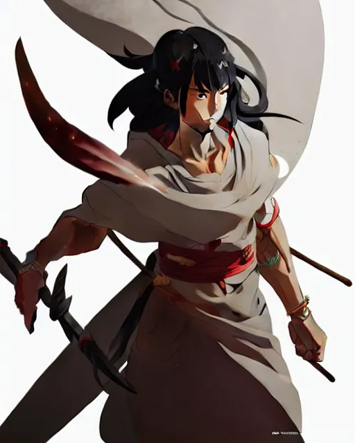 Image similar to azctec warrior, detailed perfect face, exquisite details, fire magic, mid view, design on a white background, by studio muti, greg rutkowski makoto shinkai takashi takeuchi studio ghibli