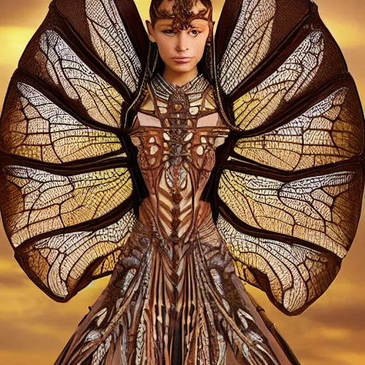 Prompt: brown woman wearing a translucent dragonfly armor. intricate. super detailed. layered. textured. award winning. dispersion of light. refracted lighting. soft. fragile.