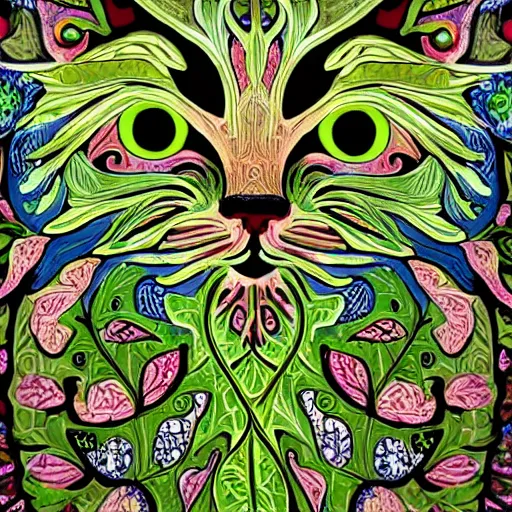 Image similar to colourful ornate decorative green man as a cat face by louis wain and william morris, closeup, twisting leaves, 8 k, artstation