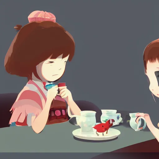 Image similar to little girl drinking tea with a friendly cryptid, digital art, artstation, studio ghibli