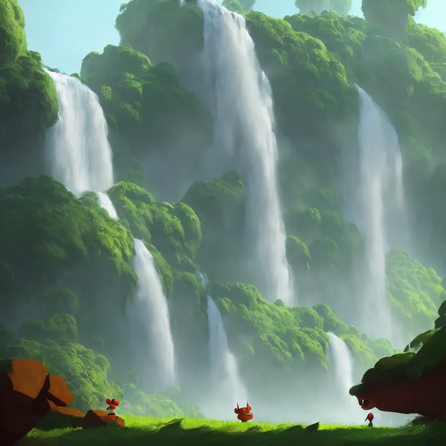 Image similar to Goro Fujita illustrating Front view of a gigantic waterfall surrounded by the Amazon, concept art, sharp focus, ArtStation