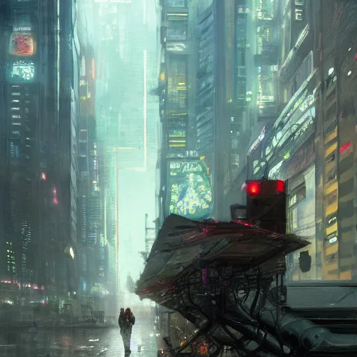 Prompt: wanderer, sidewalk of a cyberpunk megacity, dramatic lighting, detailed background, gorgeous view, realistic, high detail, depth of field, lightrays, atmospheric, digital art, painted by greg rutkowski, painted by jeremy mann, painted by alphonse mucha, trending on artstation