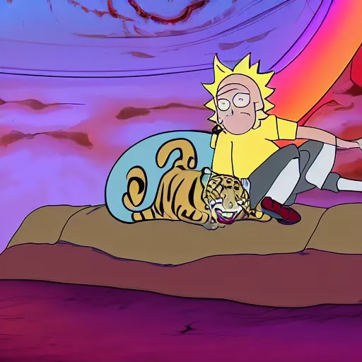 Image similar to Rick and Morty cartoon sleeping on a tiger. cinematic, dramatic lighting, trending on deviantart