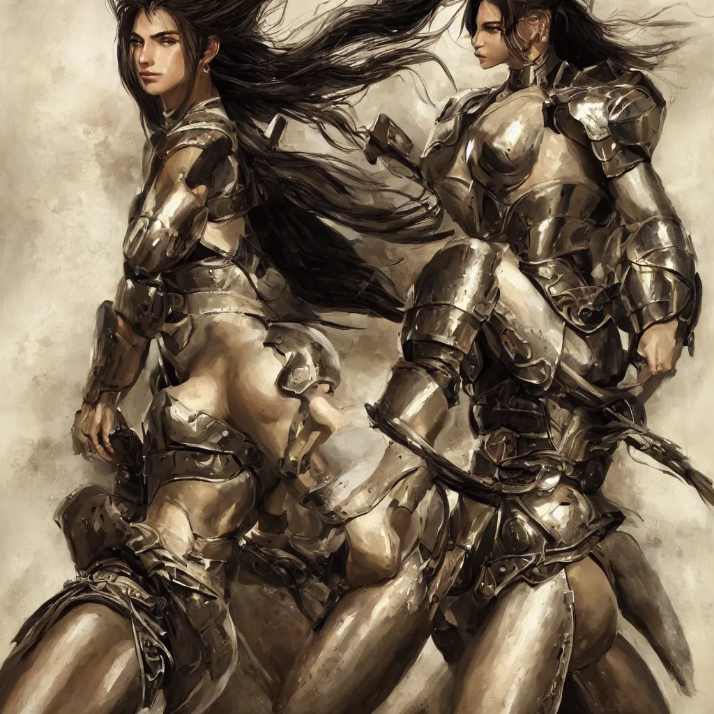 Prompt: a professionally painting of an attractive young goddess, partially wrapped in battle armor, olive skin, long dark hair, beautiful bone structure, perfectly proportioned, symmetrical facial features, intricate, elegant, heroic pose, digital painting, concept art, smooth, sharp focus, finely detailed, abstractly framed, from Metal Gear, in the mixed styles of Ruan Jia and Mandy Jurgens and Artgerm and William-Adolphe Bouguerea