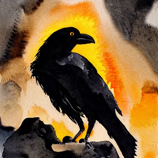 Image similar to a crow made out of fire, in a dark cave, detailed watercolour painting, 4 k