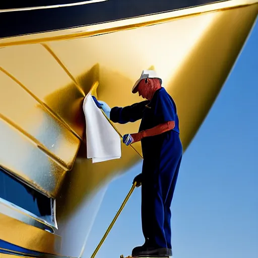 Prompt: wrinkled hunchbacked old butler polishing painting the side of a gold plated mega yacht with a cloth, maintenance photo