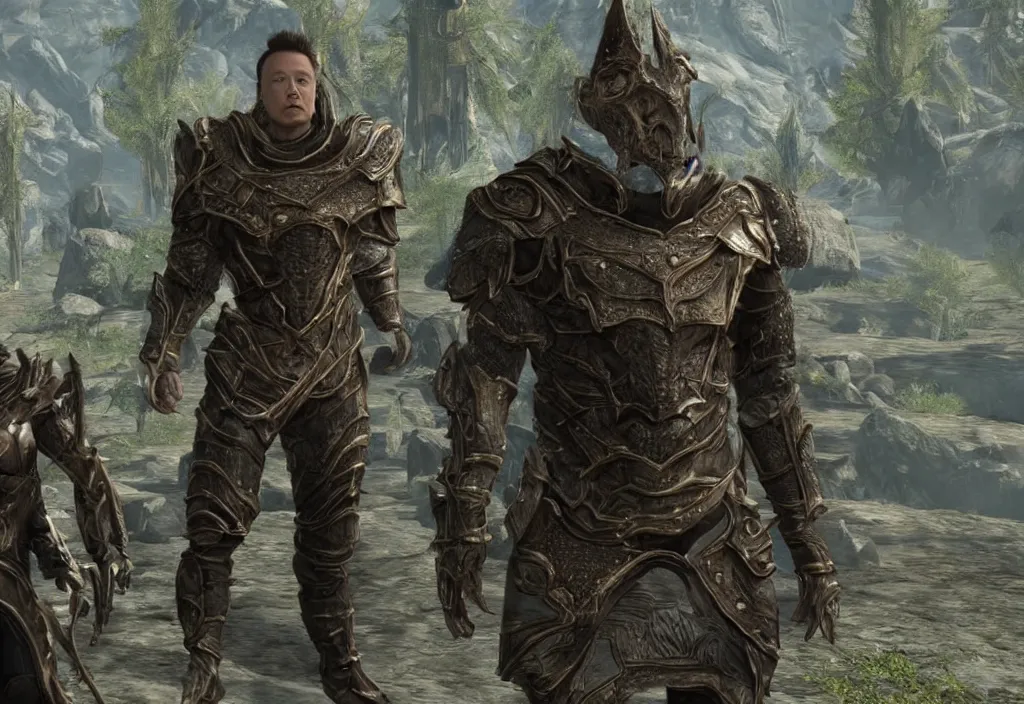 Prompt: elon musk as a skyrim character, elon musk in skyrim, at a skyrim village cinematic, detailed