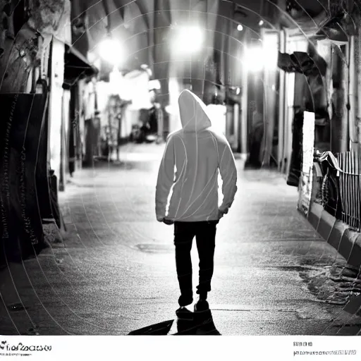 Image similar to guy with white hoodie and skateboard stands looking doen in an emoty street at night. cars parked. long street. very noisy. noise. noise effect.