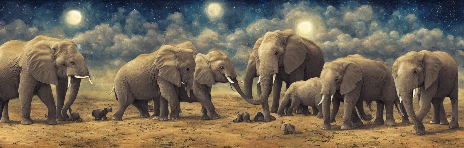 Image similar to two adult elephants and a baby elephants sleeping soundly under a starry sky, small group, surrounded by savannah, illustration, detailed, smooth, soft, warm, by Adolf Lachman, Shaun Tan, Surrealism