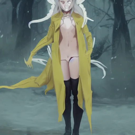 Image similar to a pale demoness with yellow eyes and horns wearing a jacket, highly detailed, digital painting, artstation, matte, by makoto shinkai, animation style