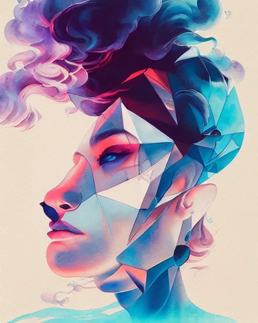 Prompt: vaporwave water smoke portrait, shattering acrylic geometric watercolor art by peter mohrbacher and artgerm