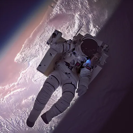 Image similar to photograph of an astronaut in space, singular light source from below, earth only visible below, darkness above, full body photo, amazing light and shadow contrast, 8 k