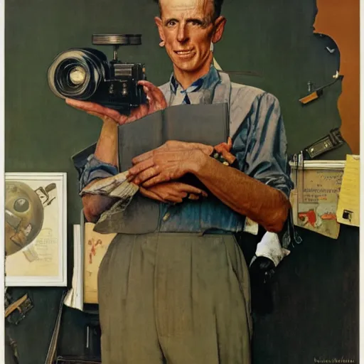 Image similar to norman rockwell painting of a man holding a large television - video - camera