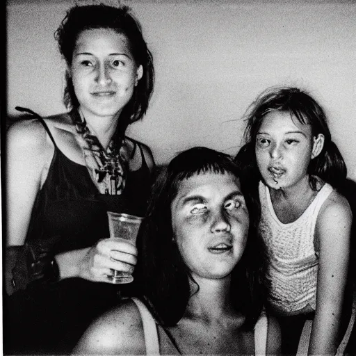 Prompt: a portrait during a party on the beach in the 90s, flash camera, single use camera