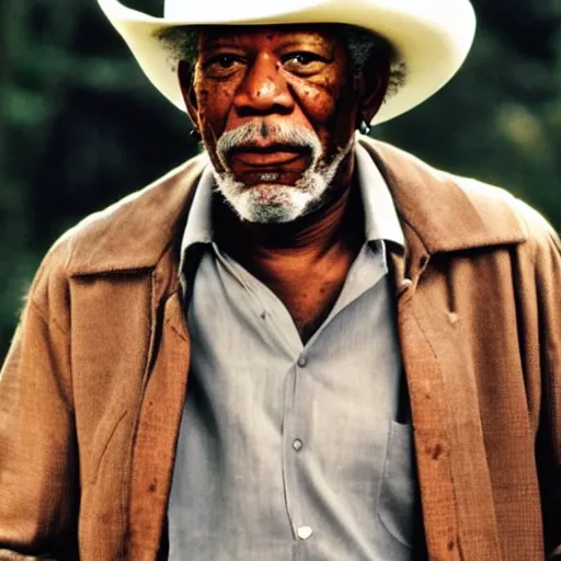 Image similar to an film still of morgan freeman as cowboy with beard, western background