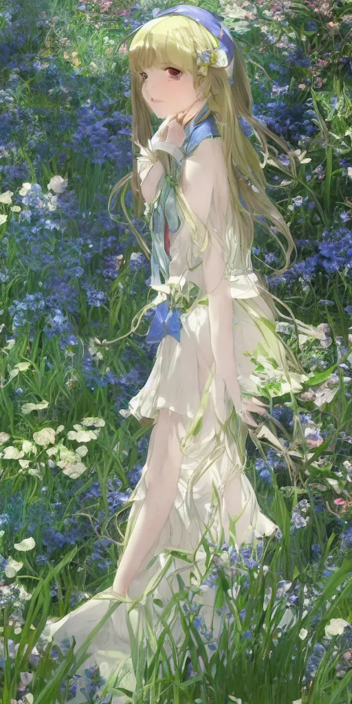 Prompt: a loli with long hair in a dress in the privet garden at after noon, green and warm theme, blue accents, low angle, back lighting, highly detailed, 4 k resolution, trending on art station, by krenz cushart and mucha and akihito yoshida and greg rutkowski and makoto shinkai