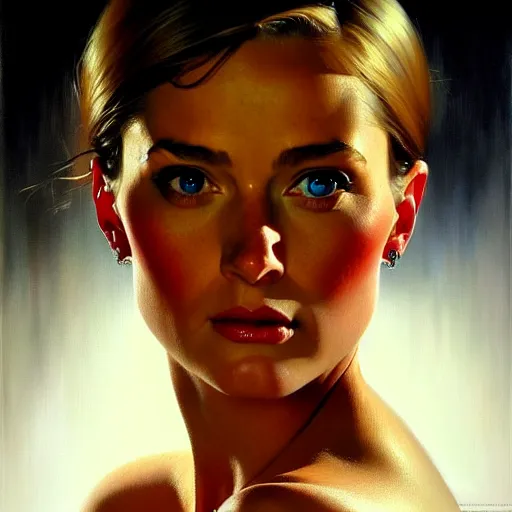 Image similar to close up face of a extremely beautiful bond female vam pire portrait, Masterpiece, oil on canvas, artgerm, norman rockwell, craig mulins, trending on pxiv,