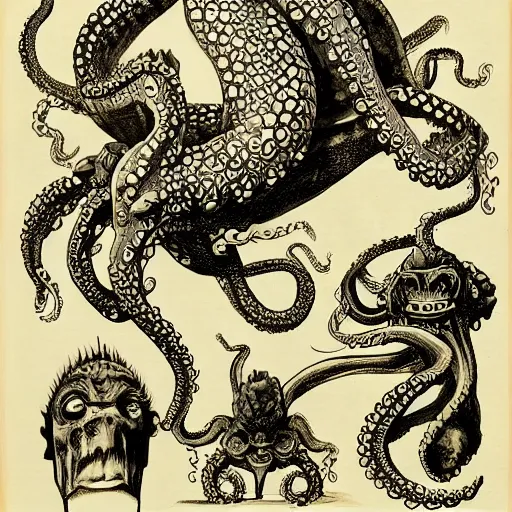 Prompt: an octopus, a dragon, and a human caricature.... a pulpy, tentacled head surmounted a grotesque and scaly body with rudimentary wings.