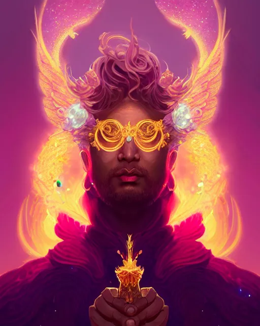 Prompt: a character portrait of only one male angel of justice with golden fiery wings, surrounded with spiriling sparkling rose crystals and galaxies, by peter mohrbacher, hyper light drifter, by ilya kuvshinov katsuhiro, jim burns, greg rutkowski, trending on artstation