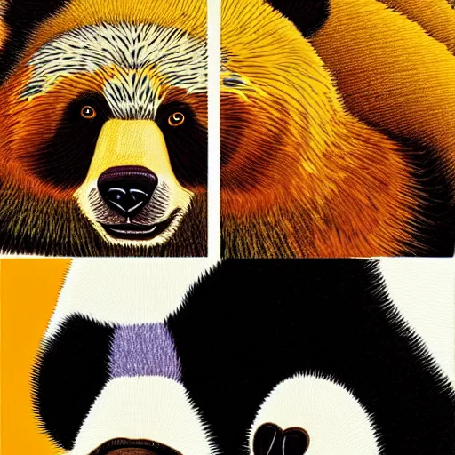 Prompt: pop art headshots of a grizzly bear and a panda bear kissing.