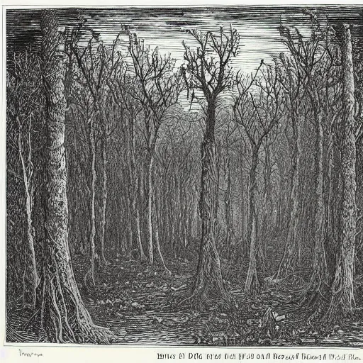 Prompt: An evil bog, full of trees with faces. Gustave Dore. Woodcut. Black and White.