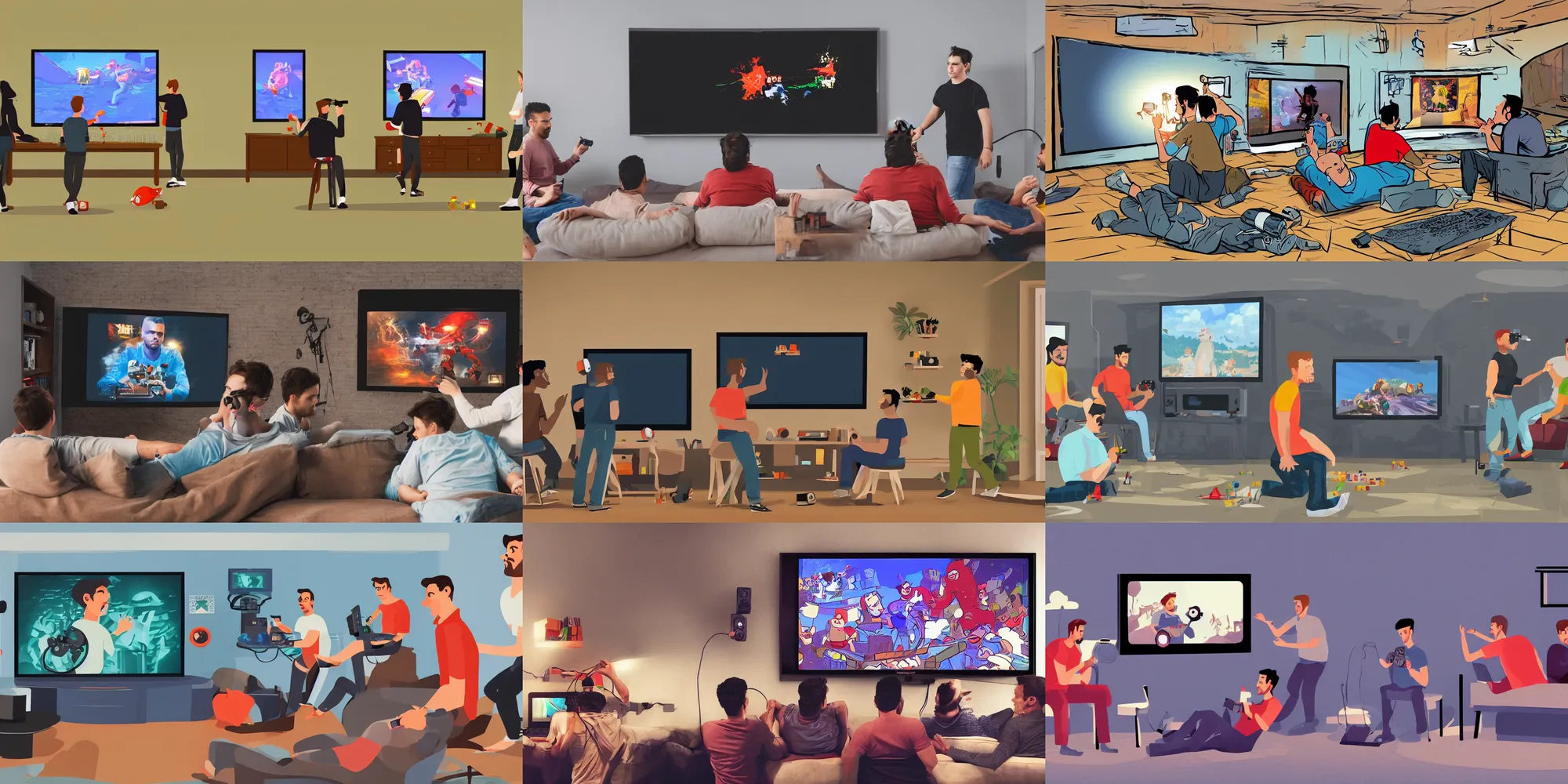 Prompt: a room where three men playing video games on big screen, illustration