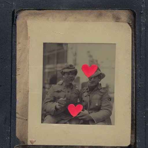 Image similar to soldiers use hearts as weapon. polaroid. old photos. vintage