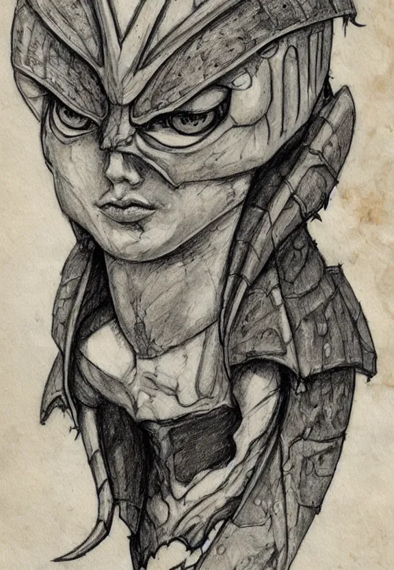 Prompt: fantasy, symmetrical beautiful human face, female humanoid creature, vascularity, plant armour, shell head piece, muscular, large cute anime eyes, stylised, torso and head, bust, diagram, sketchbook, greys anatomy book, sketches, on old distressed parchment paper, watercolour, by brian froud