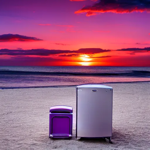 Image similar to purple refrigerator on red beach with nebula sunset