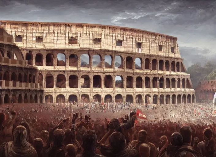 Image similar to Colosseum interior in the 100AD with two fighters in the middle and crowds cheering in kindah,digital art,realistic,detailed,art by greg rutkowski