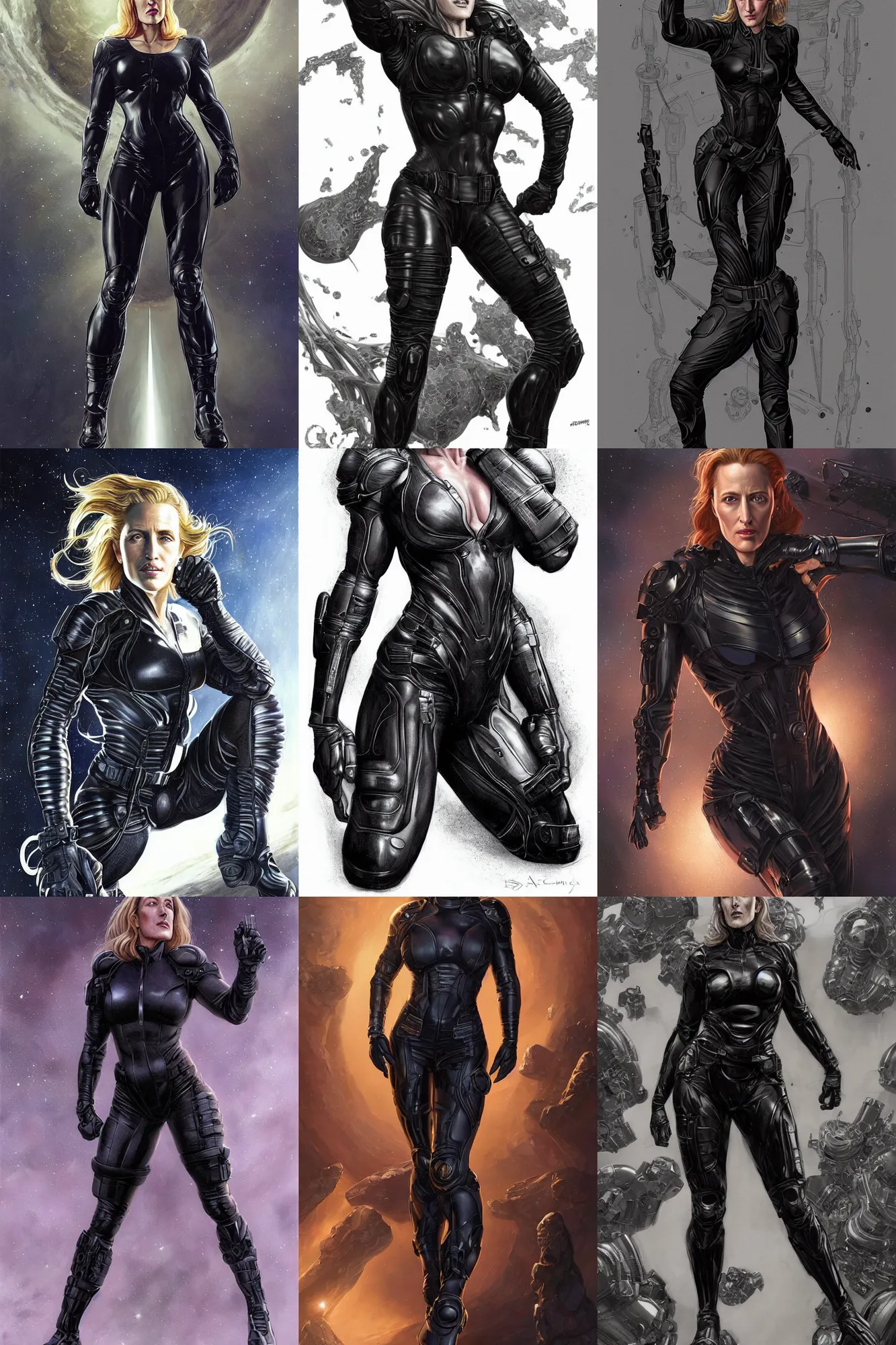 Prompt: muscled Gillian Anderson as a ruggedly handsome heroine , dressed in black spandex space suit , intricate, elegant, highly detailed, centered, digital painting, artstation, concept art, smooth, sharp focus, illustration, art by artgerm and donato giancola and Joseph Christian Leyendecker, Ross Tran, WLOP