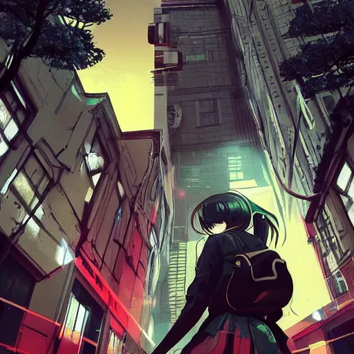 Image similar to Frequency indie album cover, luxury advertisement, red filter, yellow and black colors. highly detailed post-cyberpunk sci-fi close-up schoolgirl in asian city in style of cytus and deemo, mysterious vibes, by Ilya Kuvshinov, by Greg Tocchini, nier:automata, set in half-life 2, beautiful with eerie vibes, very inspirational, very stylish, with gradients, surrealistic, dystopia, postapocalyptic vibes, depth of field, mist, rich cinematic atmosphere, perfect digital art, mystical journey in strange world, beautiful dramatic dark moody tones and studio lighting, shadows, bastion game, arthouse