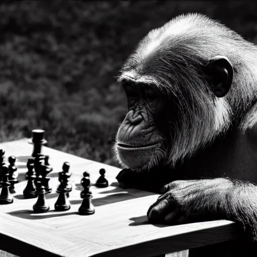 Image similar to black and white portrait photo of a chimpanzee playing chess in a park by annie liebovitz,