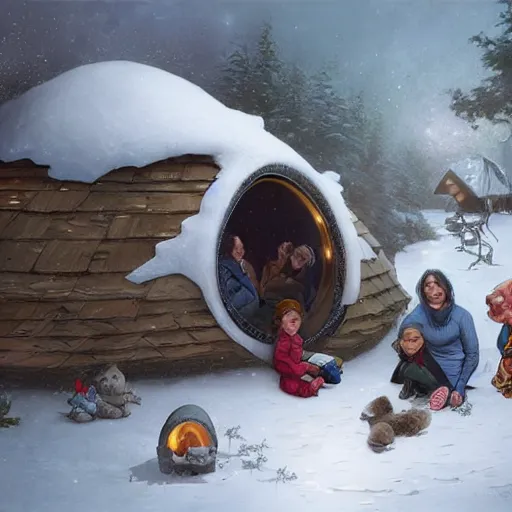 Image similar to Eskimo family in front of their igloo, intricate, elegant, highly detailed, digital painting, artstation, concept art, smooth, sharp, focus, illustration, art by artgerm and greg rutkowski and alphonse mucha