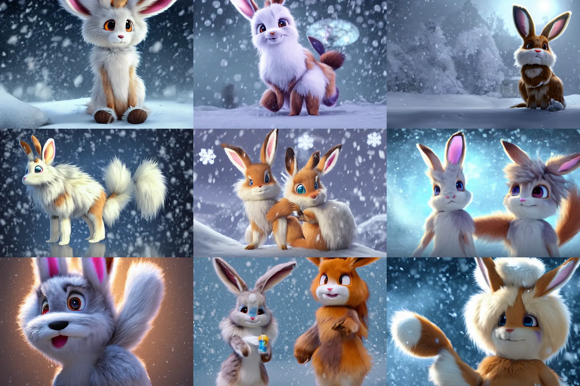 Prompt: fan art rendering of a bipedal frosty anthro fuzzy eevee evil comb sitting in snow eevee high resolution anthro eevee humanoid, CGsociety UHD 4K highly detailed, intricate heterochromatic sad, watery eyes with clawed finger in nose eevee anthro standing up two legs and two arms poofy synthetic fur tail bloody wet fur judy hopps frilled bow braided tail looking down bleeding eevee anthro tongue sticking out wearing glasses smiling in winter facing the moon zions national frozen high resolution maid dress humanoid braided furry long tail wearing converse shoes and hat holding cowboy whip