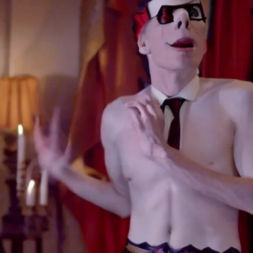 Image similar to Live Action Still of Jerma in The Rocky Horror Picture Show, real life, hyperrealistic, ultra realistic, realistic, highly detailed, epic, HD quality, 8k resolution, body and headshot, film still