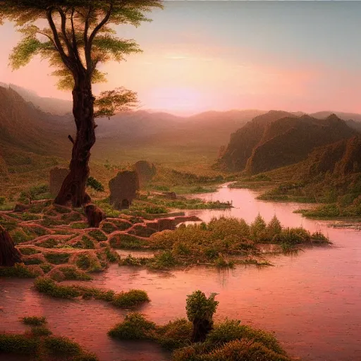Prompt: a painting of a valley with black tree stumps and broken stone. scorched earth, sunset, a detailed matte painting by marc simonetti, deviantart, hudson river school, terragen, pink clouds, pastel sky, trending on artstation