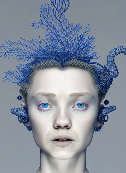 Image similar to complex 3d render ultra detailed of a beautiful porcelain profile young albino woman face, blue eyes, biomechanical cyborg, 200 mm lens, beautiful studio soft light, rim light, silver white gold red details, magnolia big leaves achromatic and stems, roots, fine foliage lace, mesh wire, Alexander Mcqueen high fashion haute couture, art nouveau fashion embroidered, intricate details, hyper realistic, ultra detailed, mandelbrot fractal, anatomical, facial muscles, cable wires, microchip, elegant, octane render, H.R. Giger style, 8k post-production, trending on Artstation