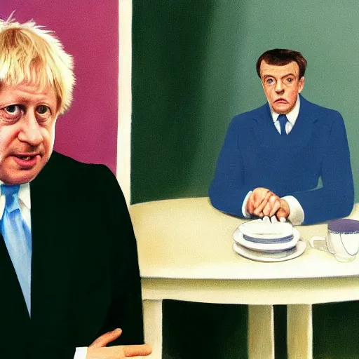 Prompt: a fine art portrait of british prime minister boris john wearing a tracksuit. in the style of edward hopper, richard hamilton and stanley kubrick.