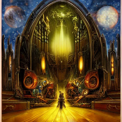 Image similar to pipe organ space opera album cover, style of alan lee, john howe, dramatic lighting, detailed, gothic, ornate, fisheye, tilt shift, bizarre