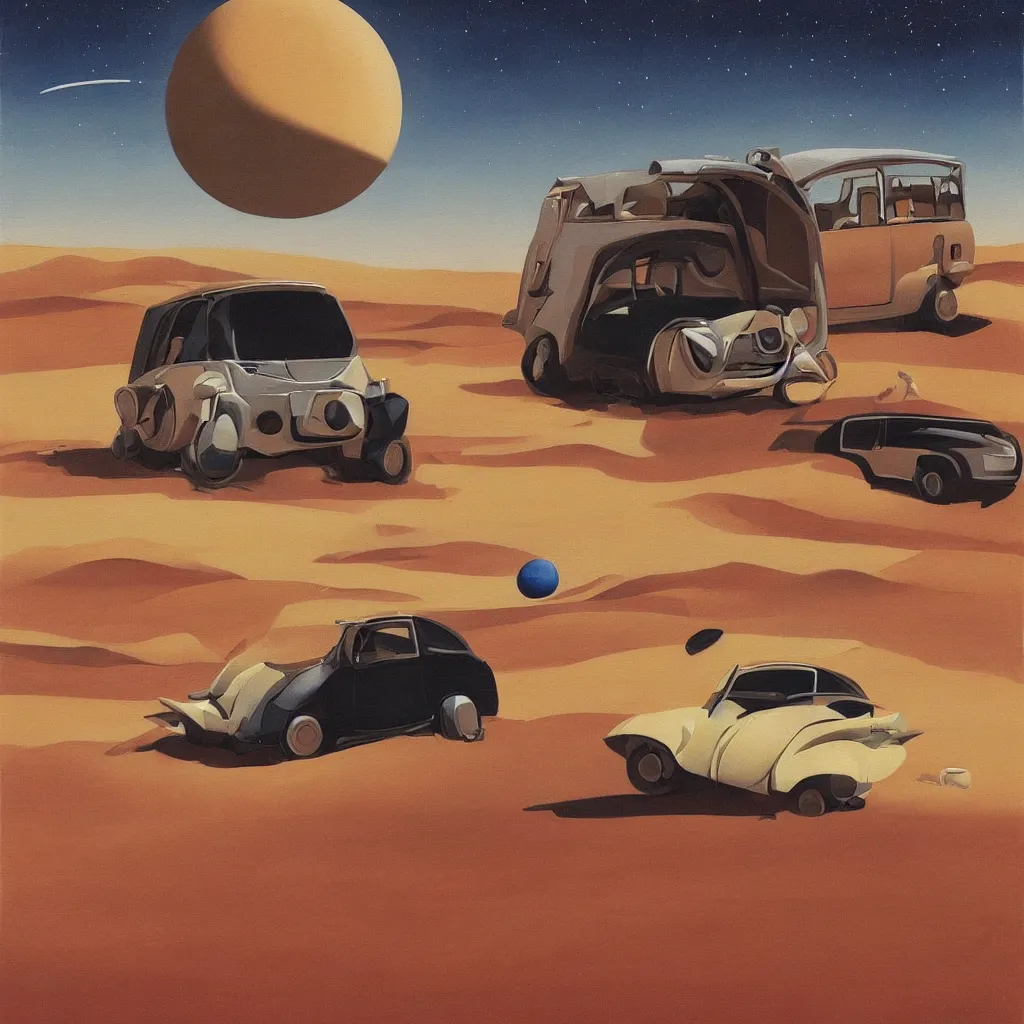 Image similar to a painting of a car in a desert with a planet in the background, an ultrafine detailed painting by edward okun, featured on dribble, retrofuturism, futuristic, y 2 k aesthetic, sci - fi