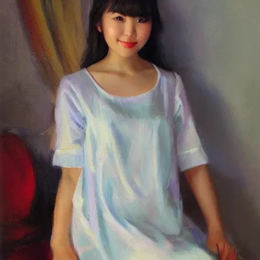 Image similar to Korean girl in nightgown, painting by Vladimir Volegov,